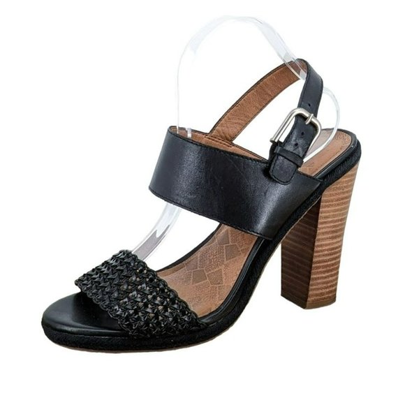 Lucky Brand Putnam Heels 9 M 39 Black Leather Woven Strap Stacked Ankle Buckle - Picture 13 of 13